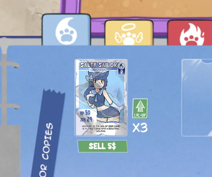 Official KOTAMON binder screenshot showing the green Level Up button and three-copy requirement