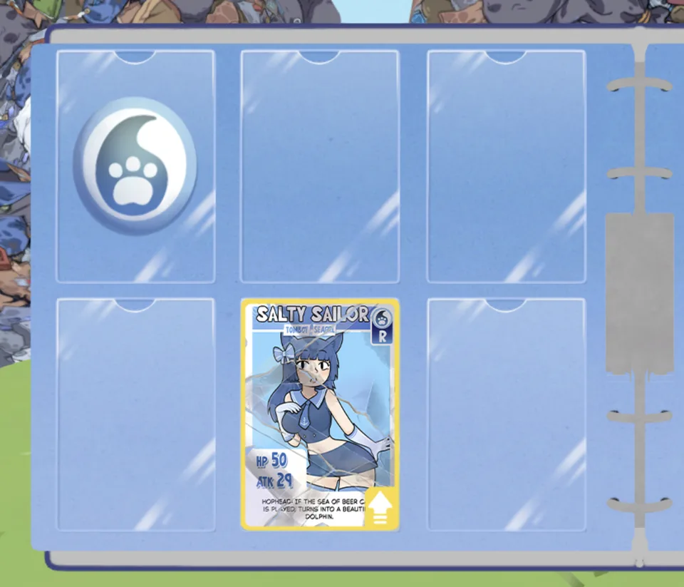 Official KOTAMON binder screenshot with a yellow border and upward arrow on an eligible Salty Sailor card
