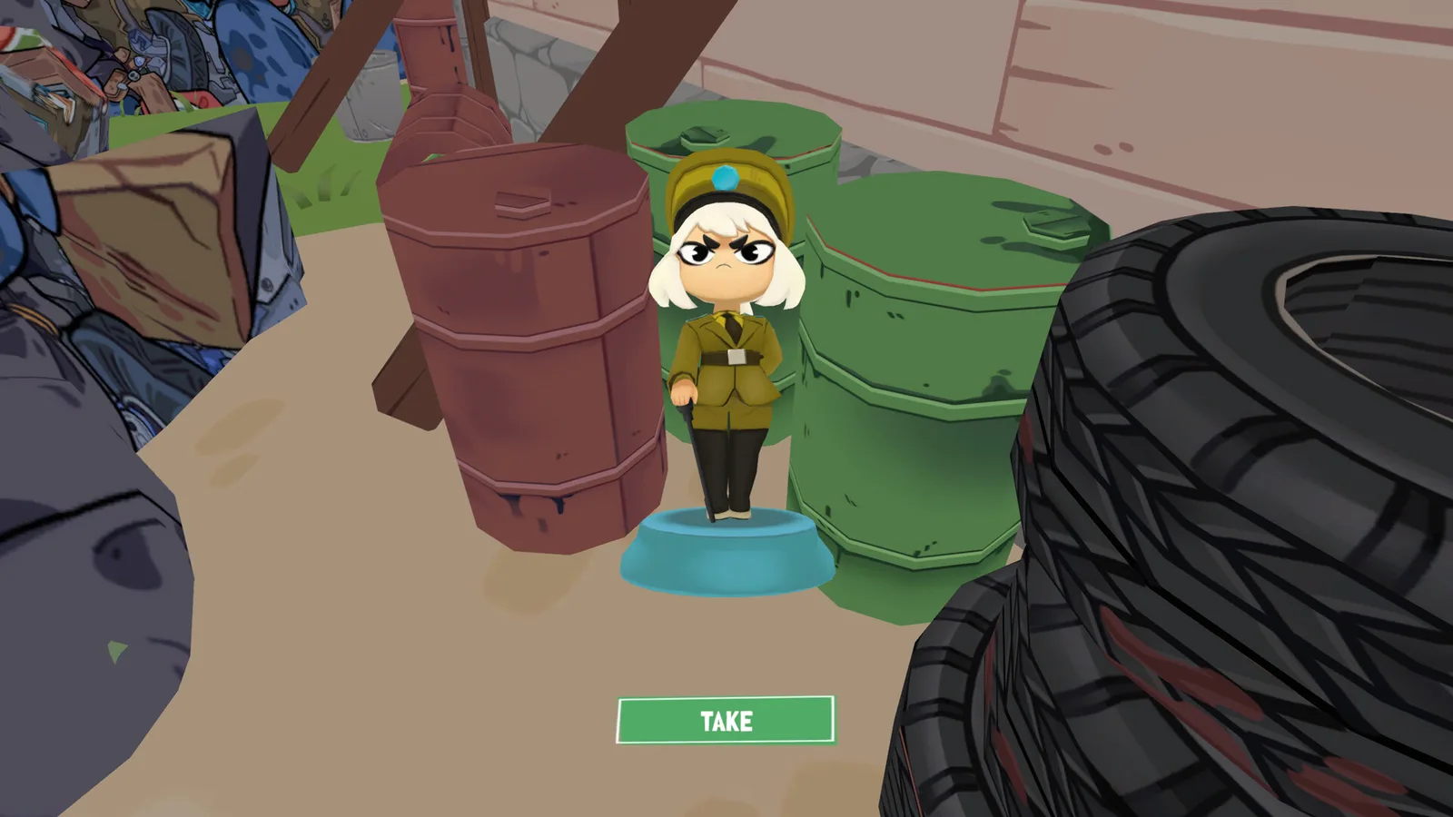 A KOTAMON collectible figurine beside barrels in the trash yard