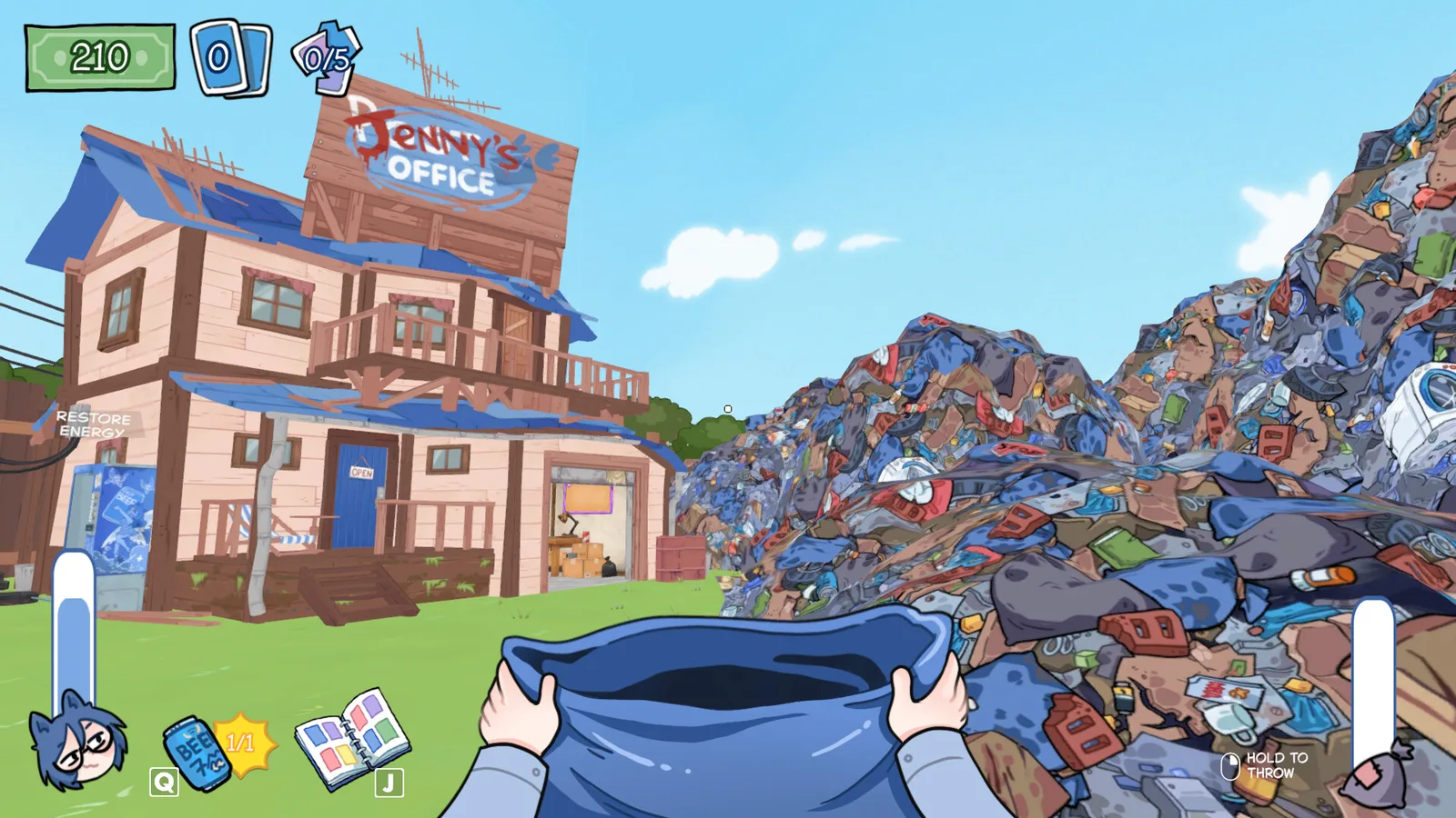 KOTAMON gameplay in Jenny's office yard beside a large trash pile
